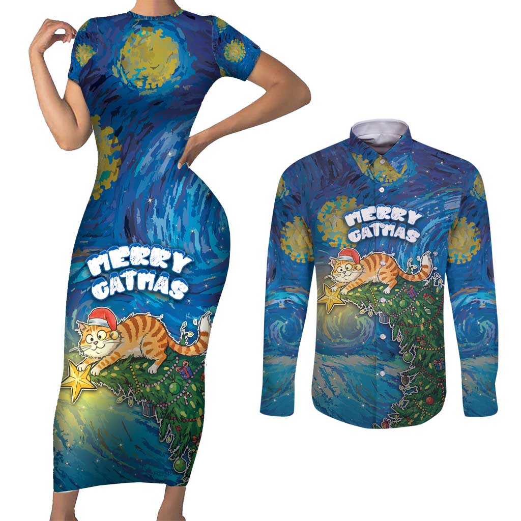 Merry Catmas Couples Matching Short Sleeve Bodycon Dress and Long Sleeve Button Shirt Cat Hanging On Xmas Tree - Wonder Print Shop