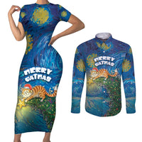Merry Catmas Couples Matching Short Sleeve Bodycon Dress and Long Sleeve Button Shirt Cat Hanging On Xmas Tree - Wonder Print Shop
