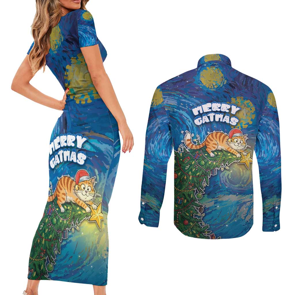 Merry Catmas Couples Matching Short Sleeve Bodycon Dress and Long Sleeve Button Shirt Cat Hanging On Xmas Tree - Wonder Print Shop