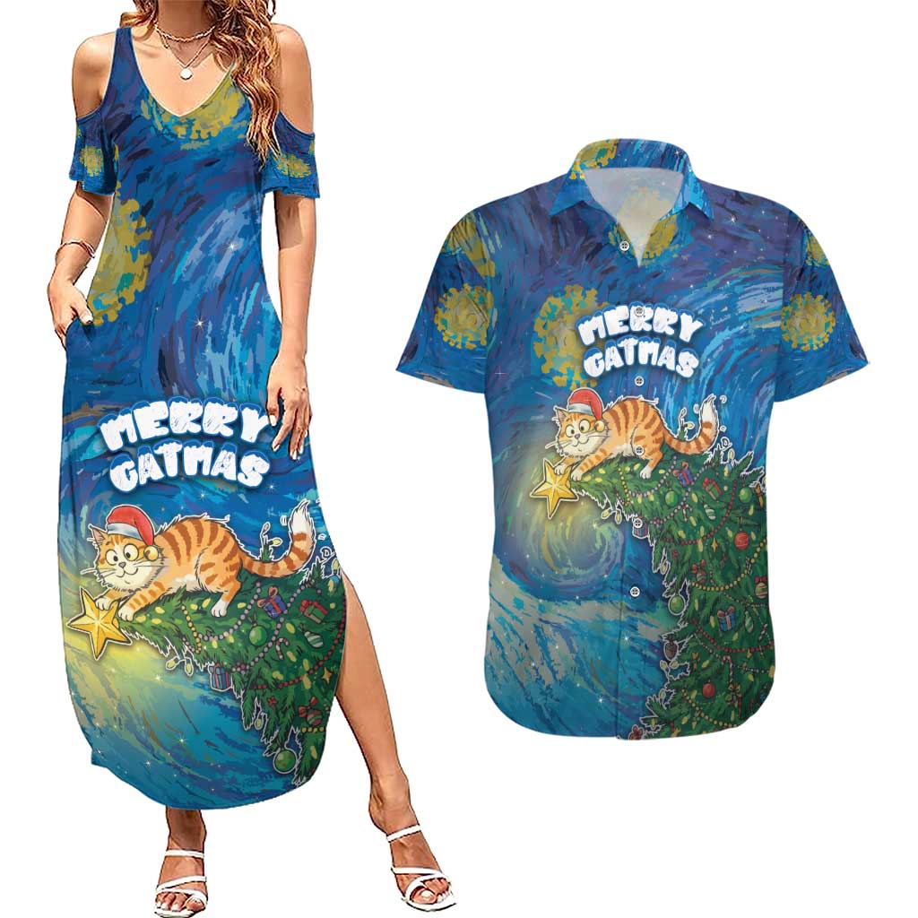 Merry Catmas Couples Matching Summer Maxi Dress and Hawaiian Shirt Cat Hanging On Xmas Tree - Wonder Print Shop