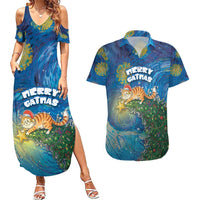 Merry Catmas Couples Matching Summer Maxi Dress and Hawaiian Shirt Cat Hanging On Xmas Tree - Wonder Print Shop