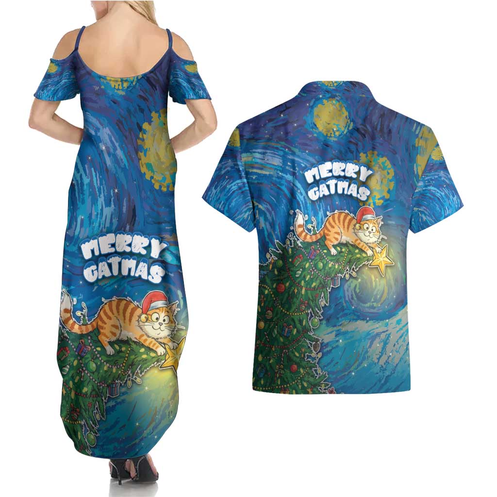 Merry Catmas Couples Matching Summer Maxi Dress and Hawaiian Shirt Cat Hanging On Xmas Tree - Wonder Print Shop