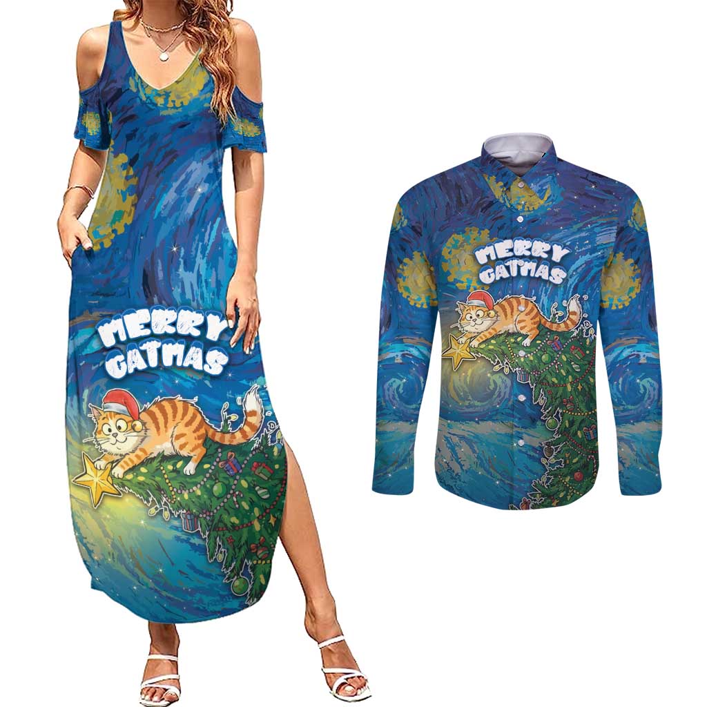 Merry Catmas Couples Matching Summer Maxi Dress and Long Sleeve Button Shirt Cat Hanging On Xmas Tree - Wonder Print Shop