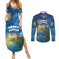 Merry Catmas Couples Matching Summer Maxi Dress and Long Sleeve Button Shirt Cat Hanging On Xmas Tree - Wonder Print Shop