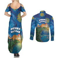 Merry Catmas Couples Matching Summer Maxi Dress and Long Sleeve Button Shirt Cat Hanging On Xmas Tree - Wonder Print Shop
