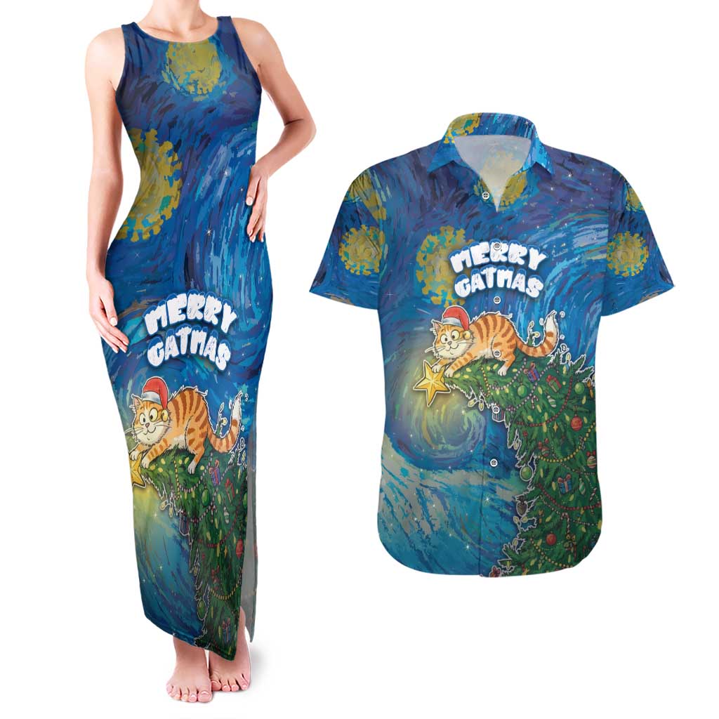 Merry Catmas Couples Matching Tank Maxi Dress and Hawaiian Shirt Cat Hanging On Xmas Tree - Wonder Print Shop