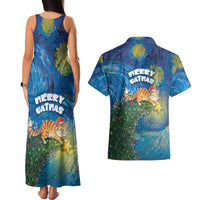 Merry Catmas Couples Matching Tank Maxi Dress and Hawaiian Shirt Cat Hanging On Xmas Tree - Wonder Print Shop