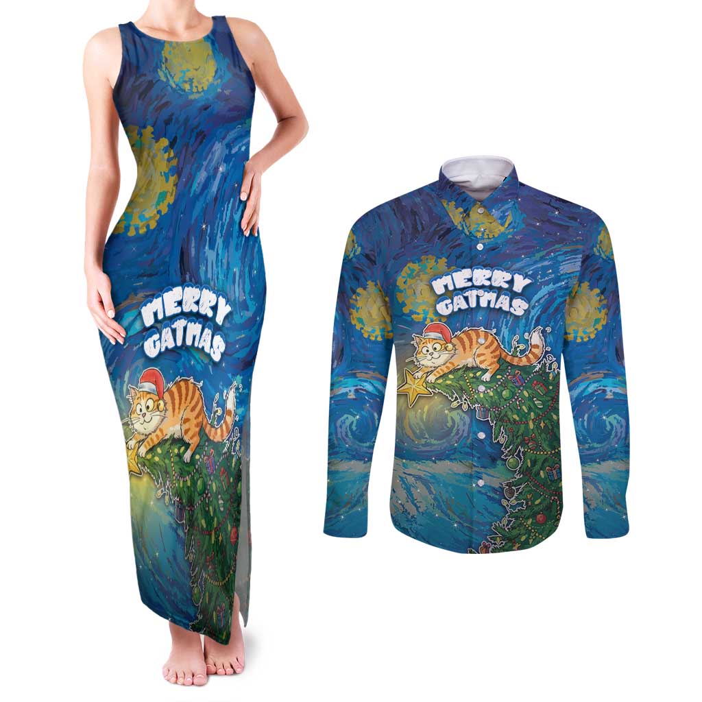 Merry Catmas Couples Matching Tank Maxi Dress and Long Sleeve Button Shirt Cat Hanging On Xmas Tree - Wonder Print Shop