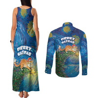 Merry Catmas Couples Matching Tank Maxi Dress and Long Sleeve Button Shirt Cat Hanging On Xmas Tree - Wonder Print Shop