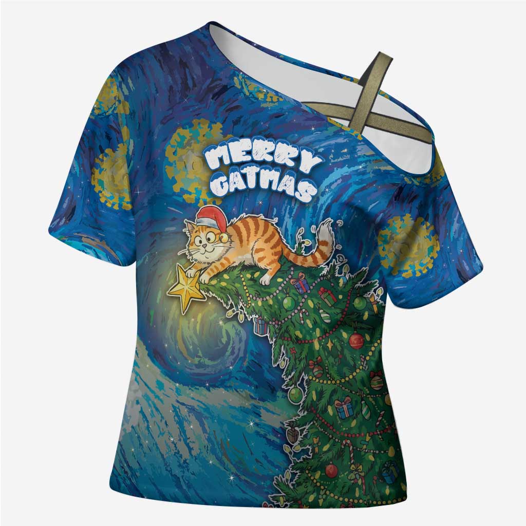 Merry Catmas Cross Shoulder Shirt Cat Hanging On Xmas Tree - Wonder Print Shop