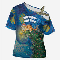 Merry Catmas Cross Shoulder Shirt Cat Hanging On Xmas Tree - Wonder Print Shop