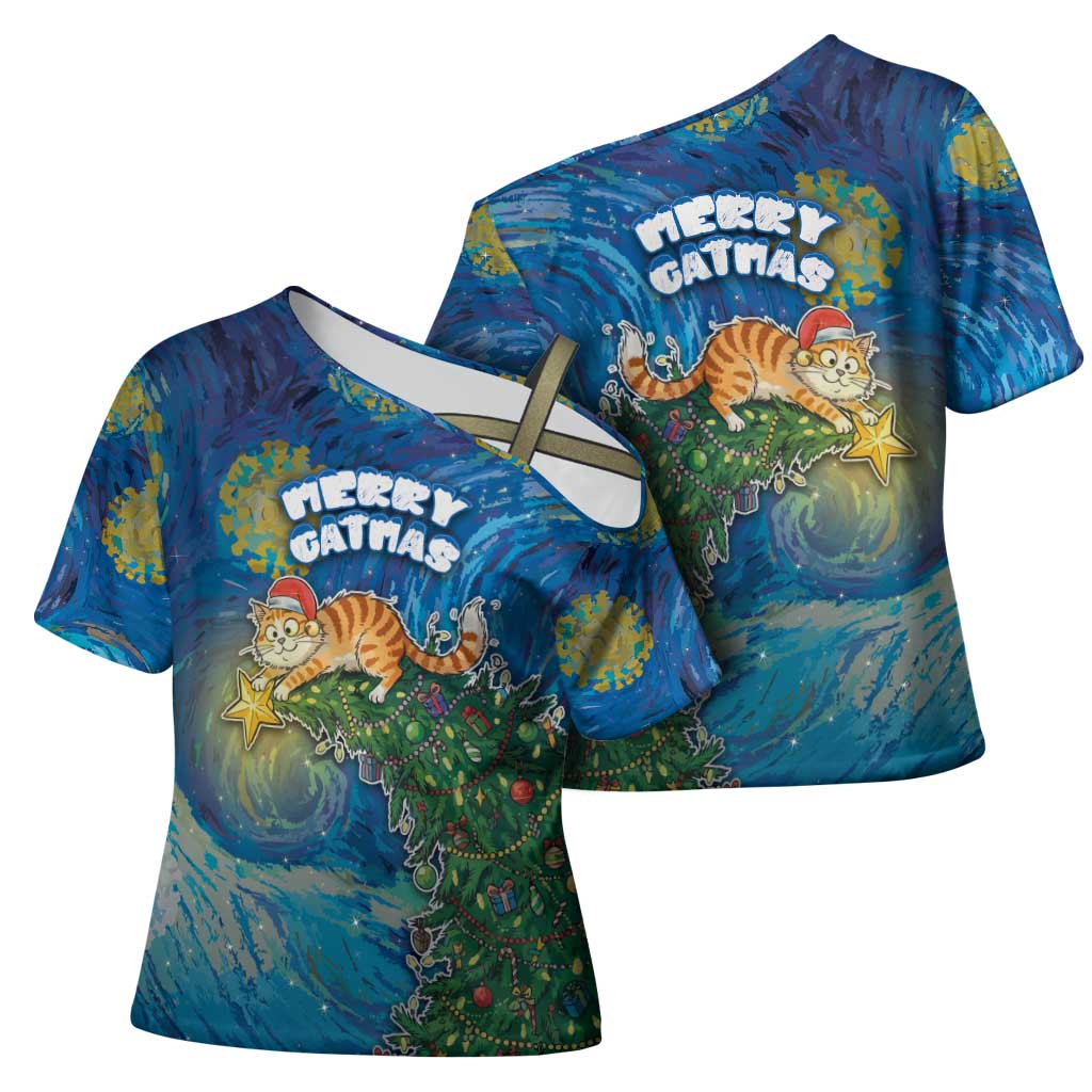 Merry Catmas Cross Shoulder Shirt Cat Hanging On Xmas Tree - Wonder Print Shop