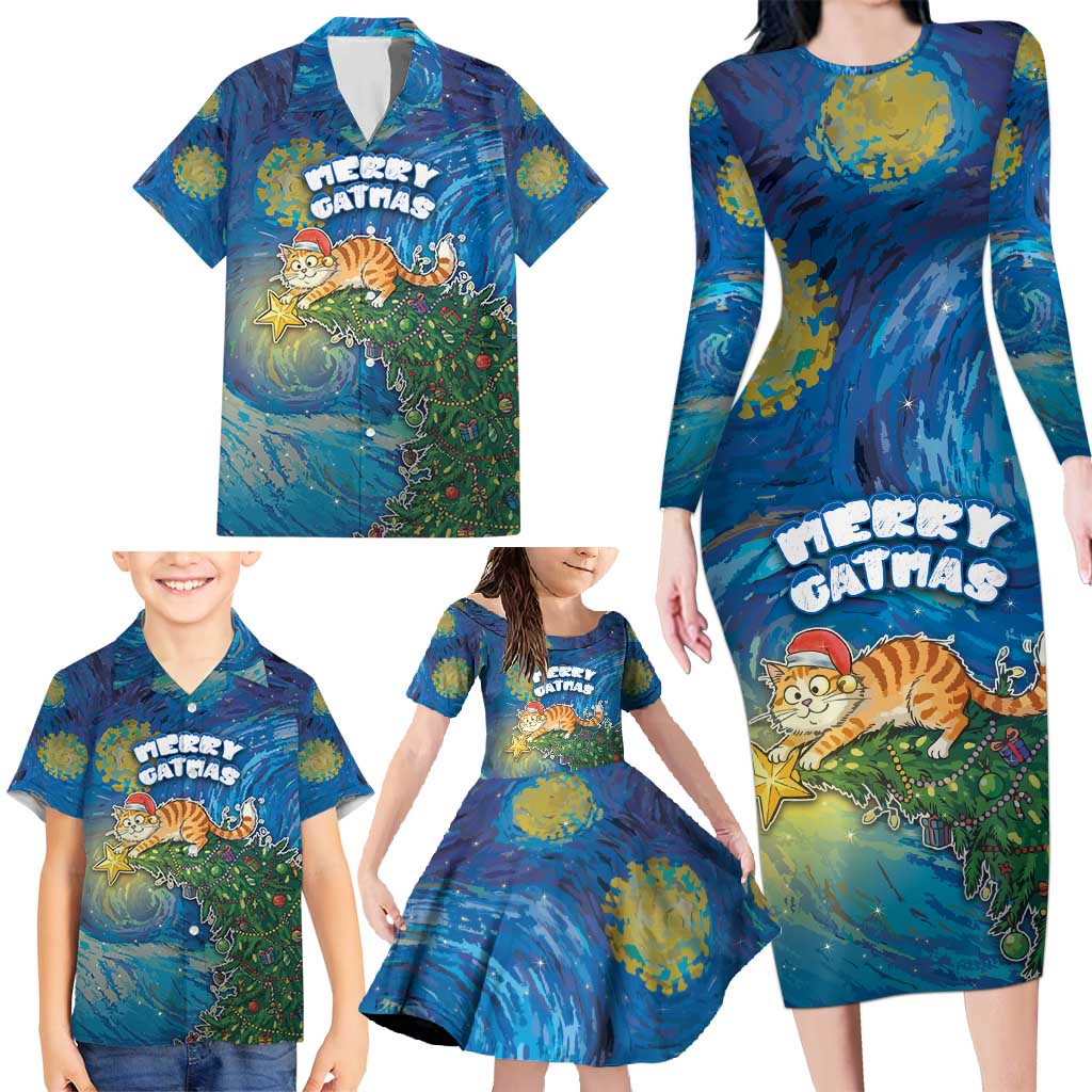 Merry Catmas Family Matching Long Sleeve Bodycon Dress and Hawaiian Shirt Cat Hanging On Xmas Tree - Wonder Print Shop