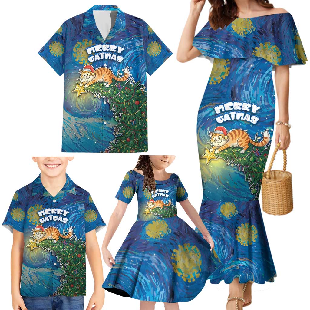 Merry Catmas Family Matching Mermaid Dress and Hawaiian Shirt Cat Hanging On Xmas Tree - Wonder Print Shop