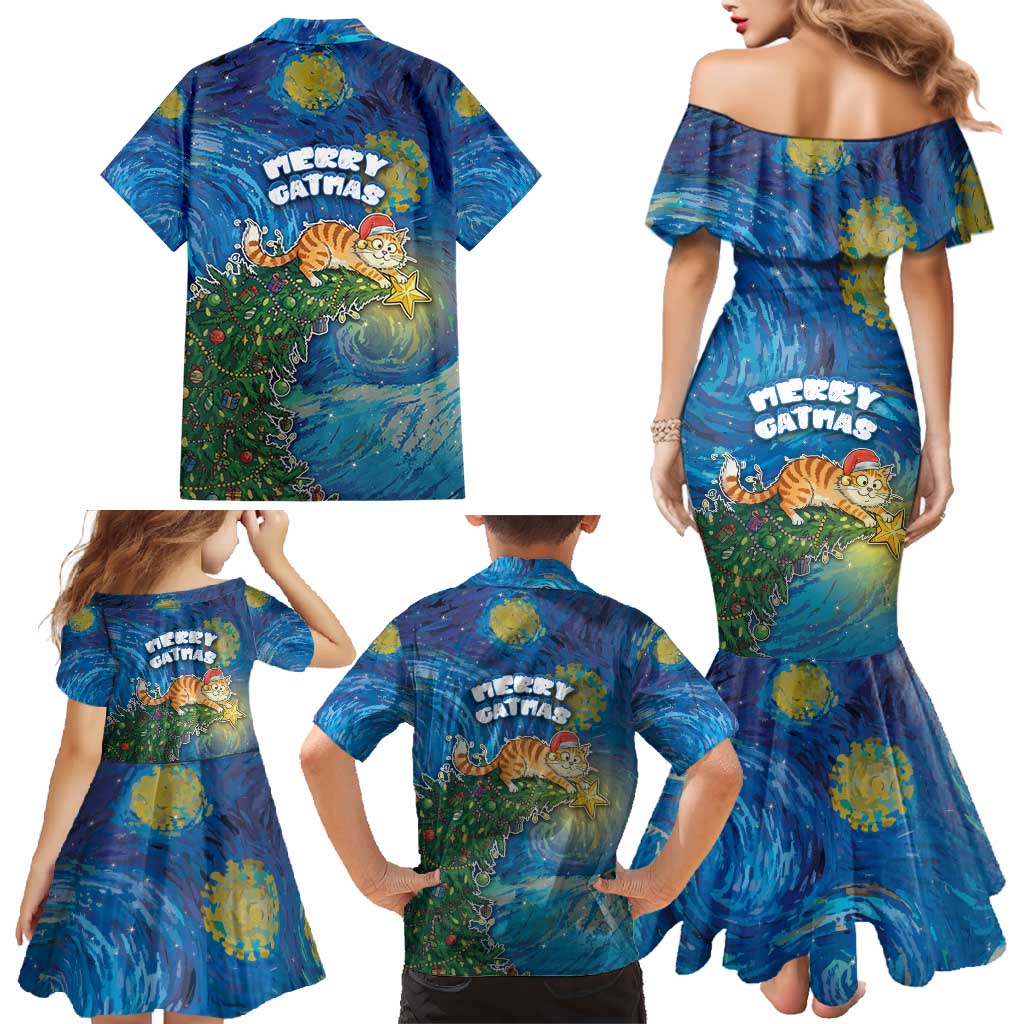Merry Catmas Family Matching Mermaid Dress and Hawaiian Shirt Cat Hanging On Xmas Tree - Wonder Print Shop