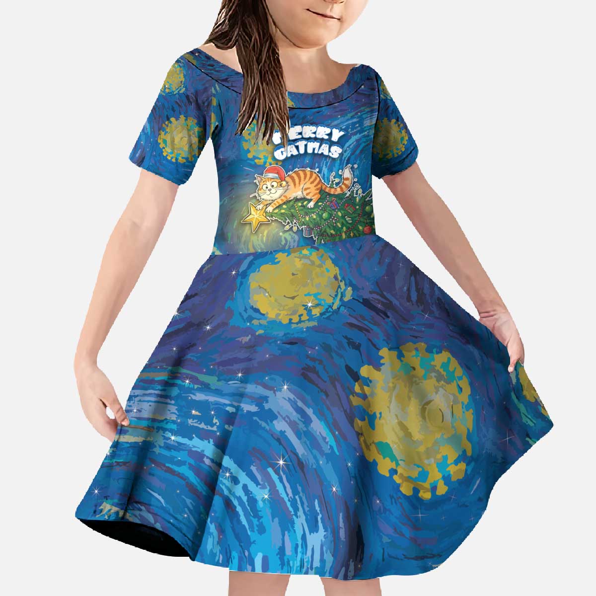 Merry Catmas Family Matching Off The Shoulder Long Sleeve Dress and Hawaiian Shirt Cat Hanging On Xmas Tree - Wonder Print Shop
