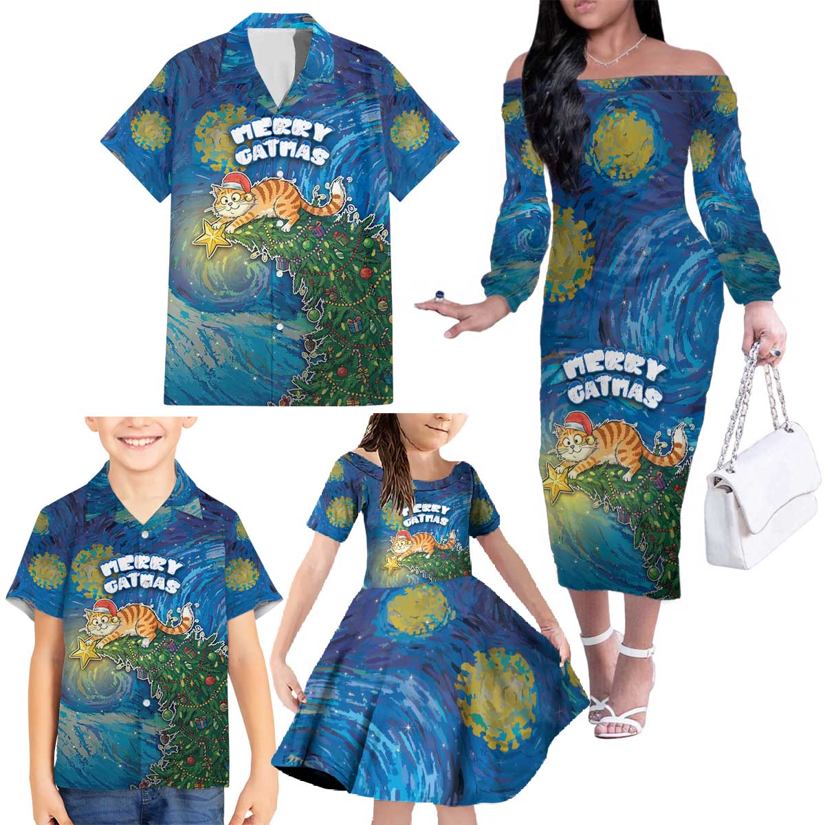 Merry Catmas Family Matching Off The Shoulder Long Sleeve Dress and Hawaiian Shirt Cat Hanging On Xmas Tree - Wonder Print Shop
