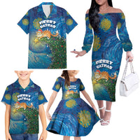 Merry Catmas Family Matching Off The Shoulder Long Sleeve Dress and Hawaiian Shirt Cat Hanging On Xmas Tree - Wonder Print Shop