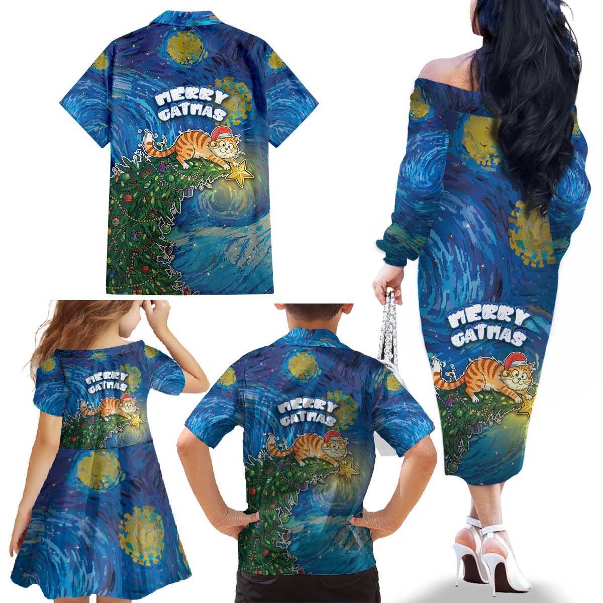 Merry Catmas Family Matching Off The Shoulder Long Sleeve Dress and Hawaiian Shirt Cat Hanging On Xmas Tree - Wonder Print Shop