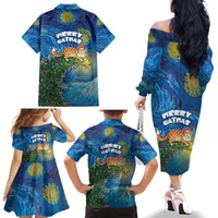 Merry Catmas Family Matching Off The Shoulder Long Sleeve Dress and Hawaiian Shirt Cat Hanging On Xmas Tree - Wonder Print Shop