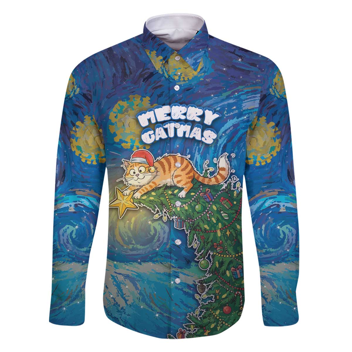 Merry Catmas Family Matching Off The Shoulder Long Sleeve Dress and Hawaiian Shirt Cat Hanging On Xmas Tree - Wonder Print Shop