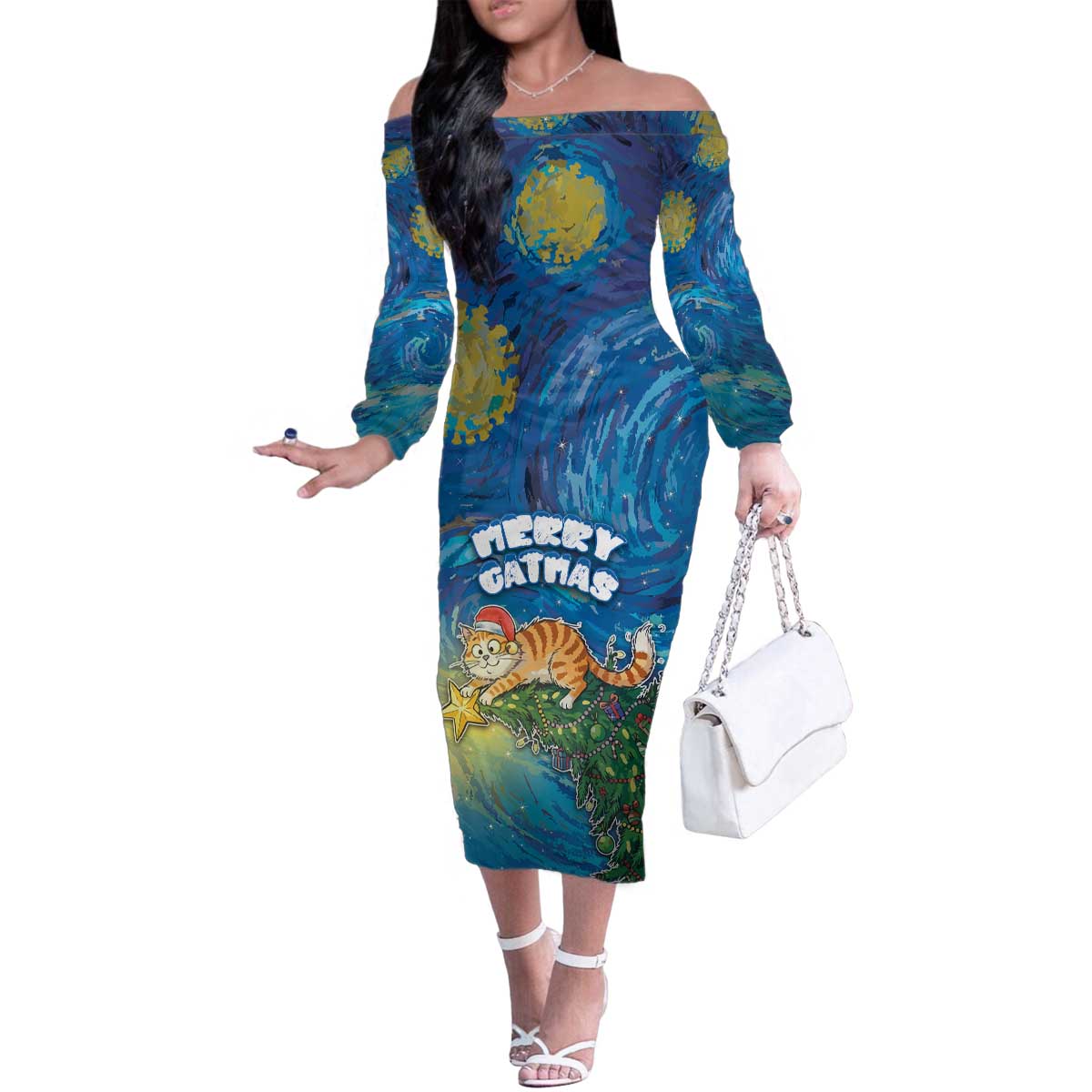 Merry Catmas Family Matching Off The Shoulder Long Sleeve Dress and Hawaiian Shirt Cat Hanging On Xmas Tree - Wonder Print Shop