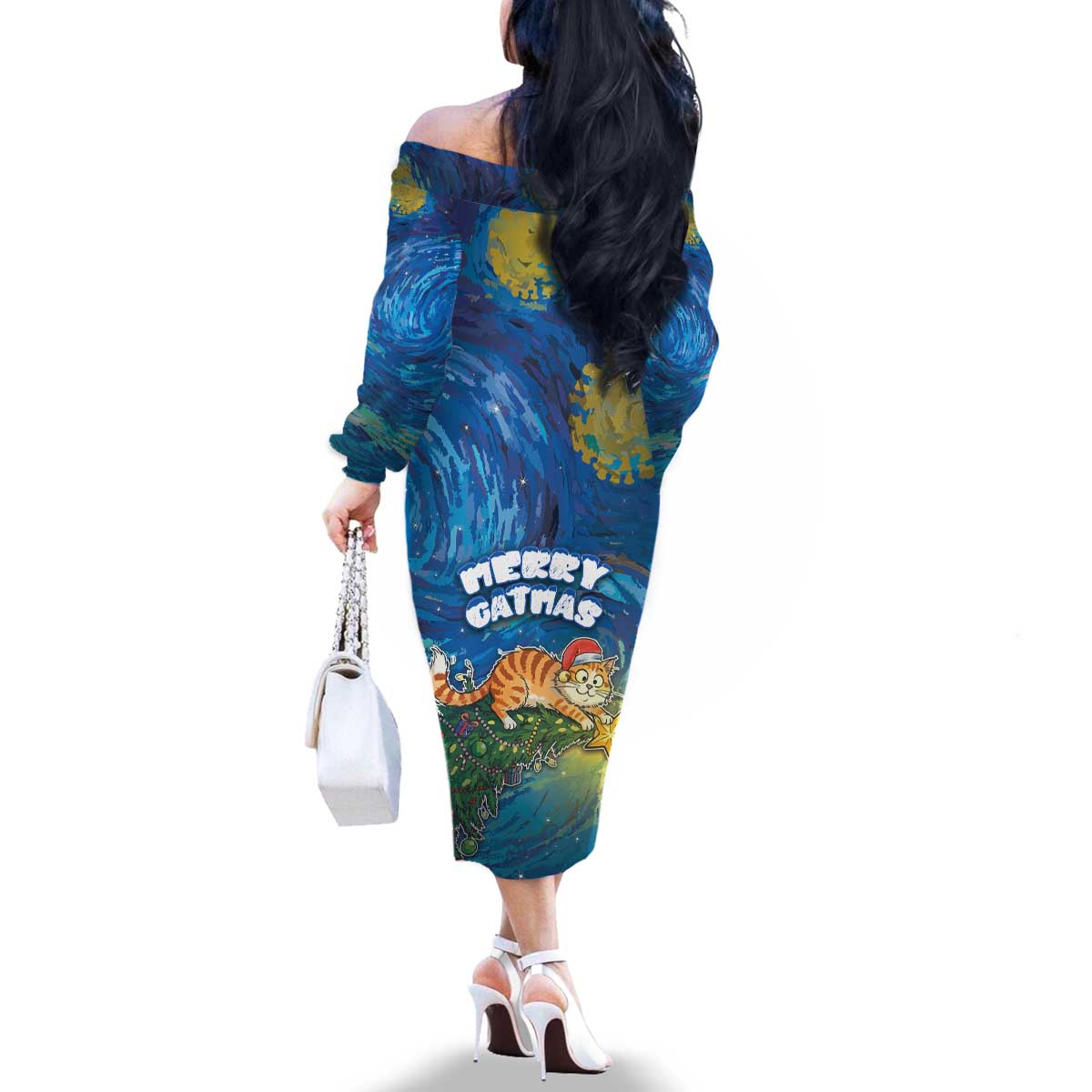 Merry Catmas Family Matching Off The Shoulder Long Sleeve Dress and Hawaiian Shirt Cat Hanging On Xmas Tree - Wonder Print Shop