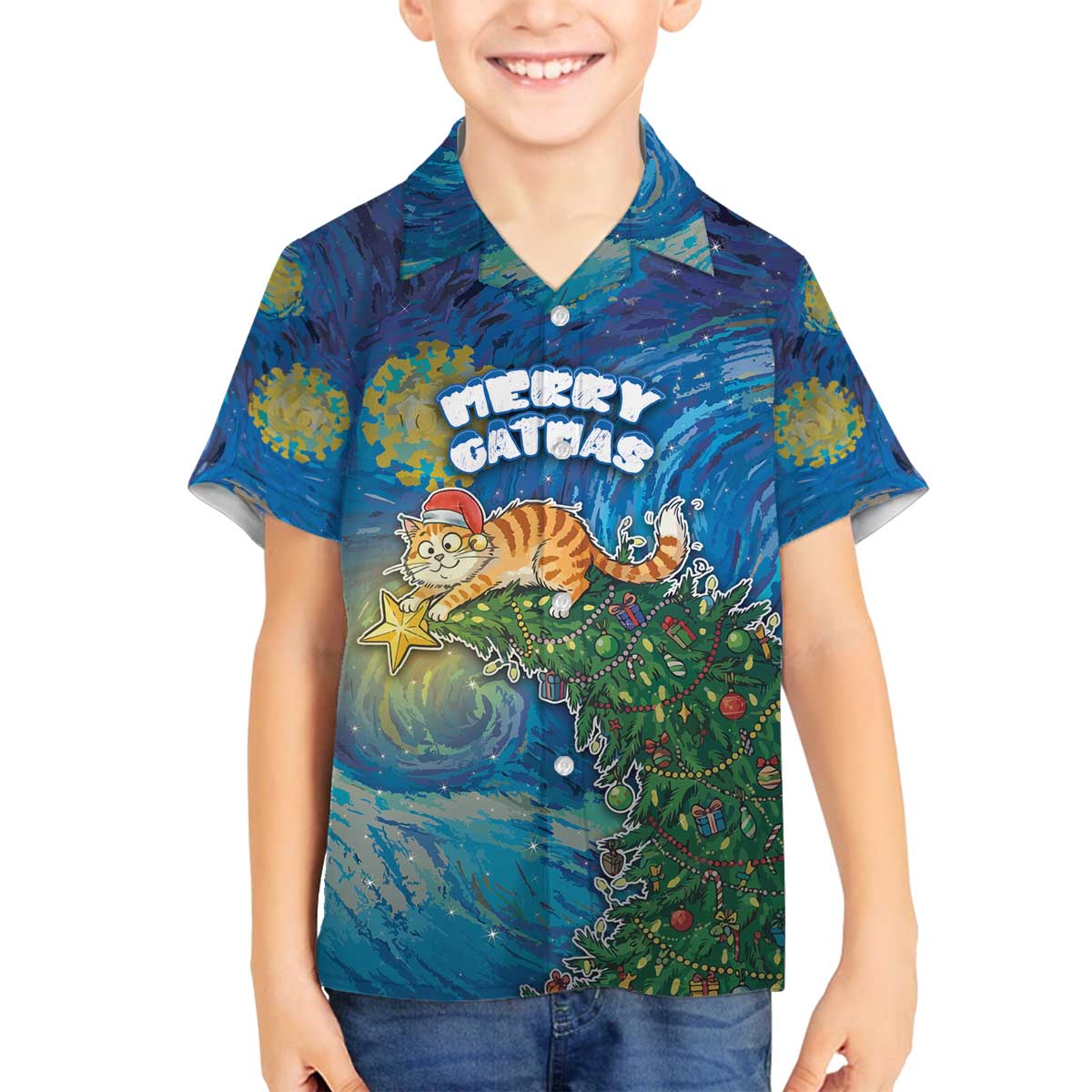 Merry Catmas Family Matching Off The Shoulder Long Sleeve Dress and Hawaiian Shirt Cat Hanging On Xmas Tree - Wonder Print Shop