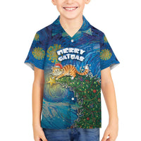 Merry Catmas Family Matching Off The Shoulder Long Sleeve Dress and Hawaiian Shirt Cat Hanging On Xmas Tree - Wonder Print Shop