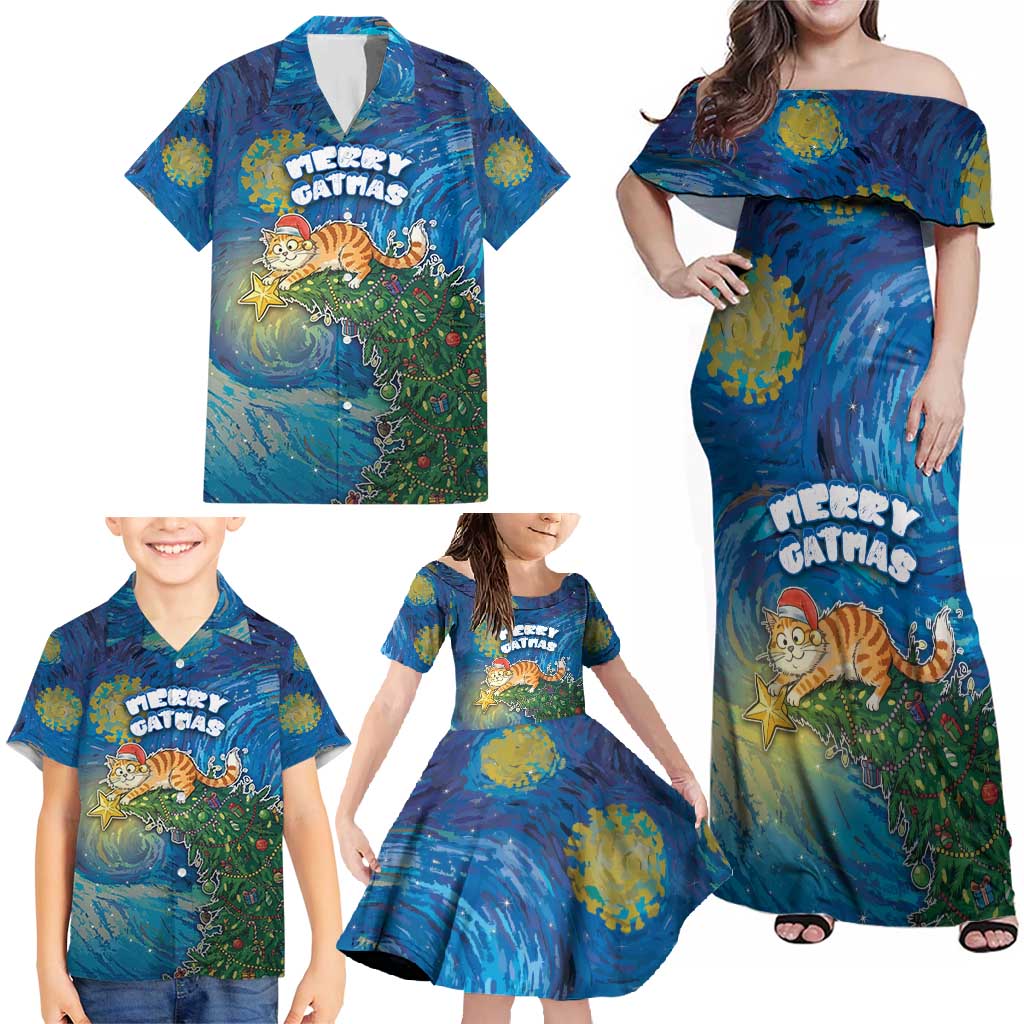 Merry Catmas Family Matching Off Shoulder Maxi Dress and Hawaiian Shirt Cat Hanging On Xmas Tree - Wonder Print Shop