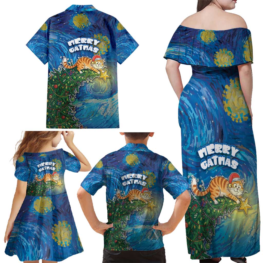 Merry Catmas Family Matching Off Shoulder Maxi Dress and Hawaiian Shirt Cat Hanging On Xmas Tree - Wonder Print Shop