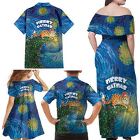 Merry Catmas Family Matching Off Shoulder Maxi Dress and Hawaiian Shirt Cat Hanging On Xmas Tree - Wonder Print Shop