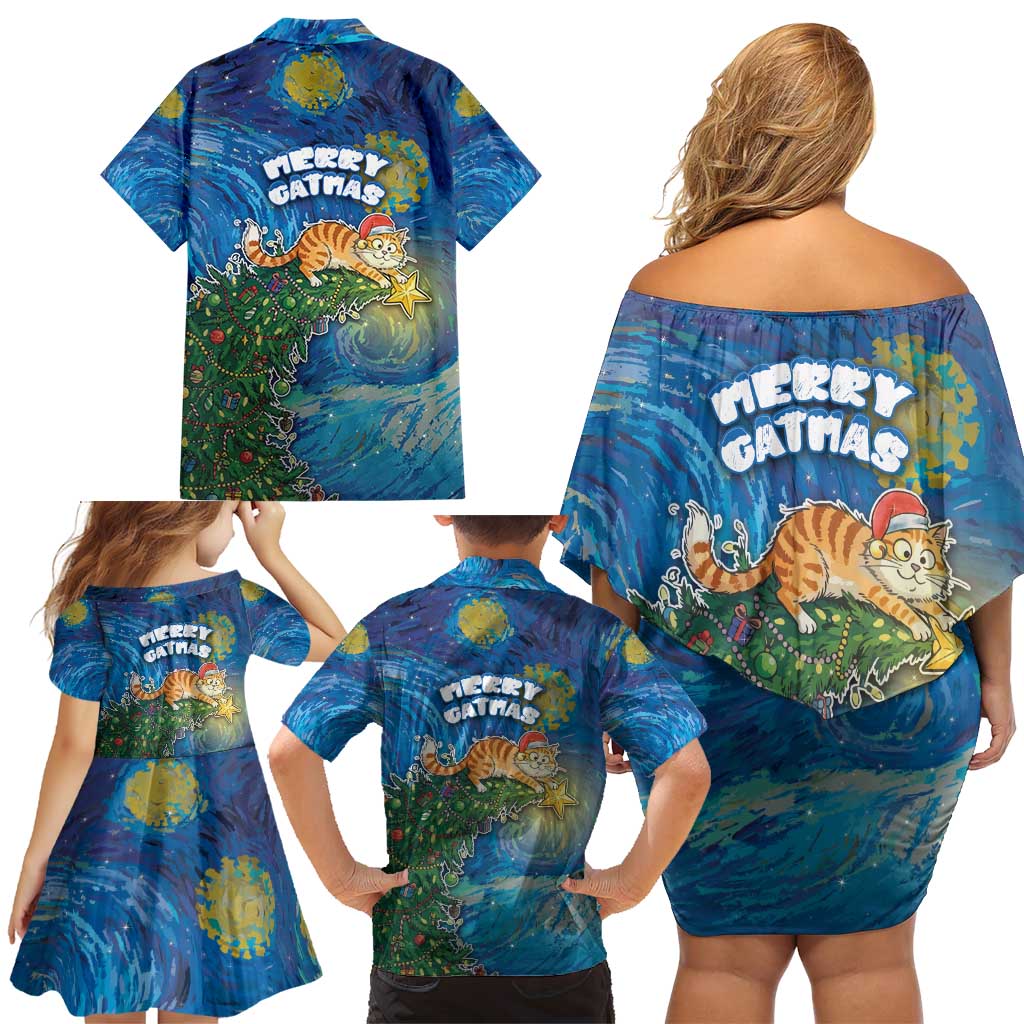 Merry Catmas Family Matching Off Shoulder Short Dress and Hawaiian Shirt Cat Hanging On Xmas Tree - Wonder Print Shop