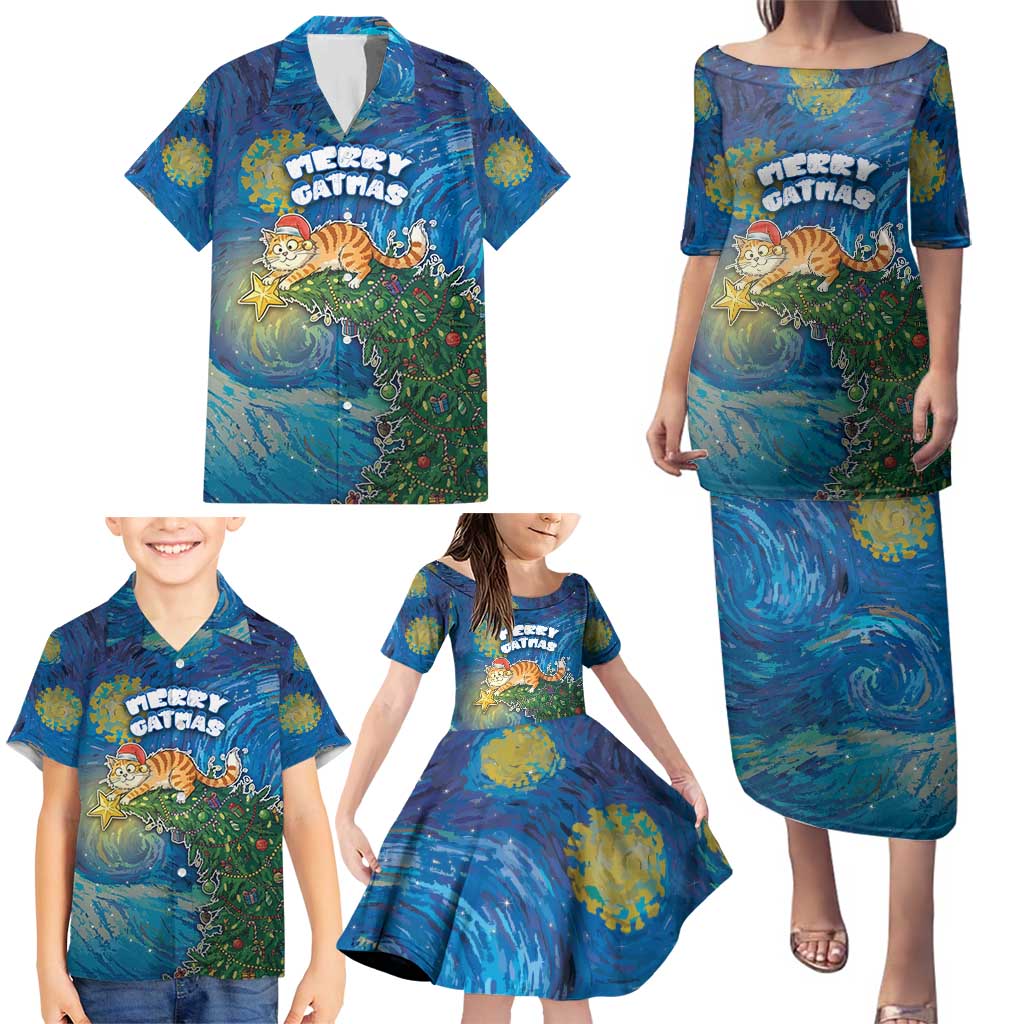 Merry Catmas Family Matching Puletasi and Hawaiian Shirt Cat Hanging On Xmas Tree - Wonder Print Shop