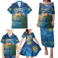 Merry Catmas Family Matching Puletasi and Hawaiian Shirt Cat Hanging On Xmas Tree - Wonder Print Shop