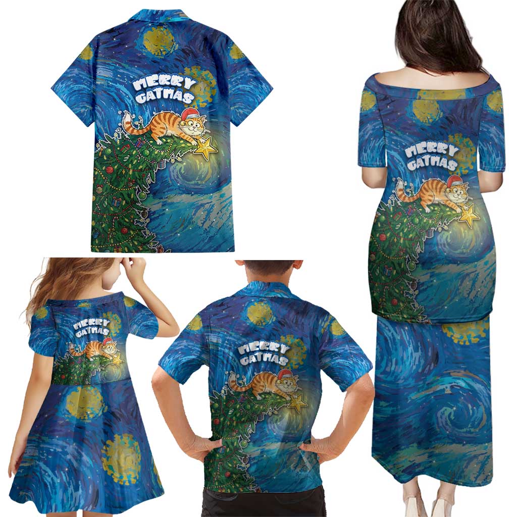 Merry Catmas Family Matching Puletasi and Hawaiian Shirt Cat Hanging On Xmas Tree - Wonder Print Shop