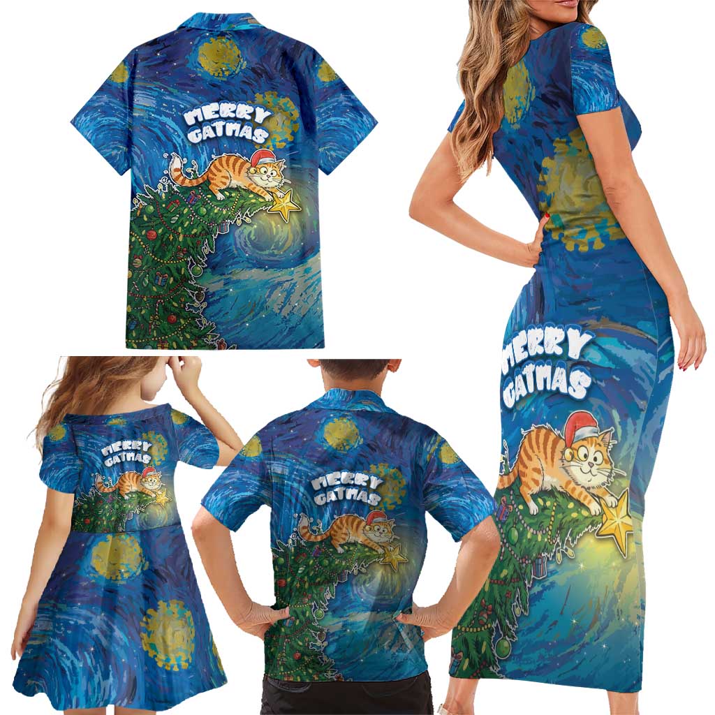 Merry Catmas Family Matching Short Sleeve Bodycon Dress and Hawaiian Shirt Cat Hanging On Xmas Tree - Wonder Print Shop