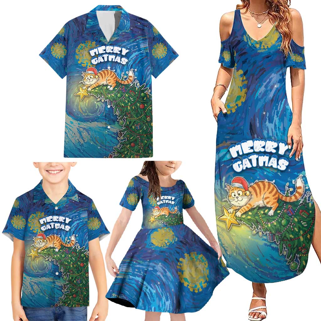 Merry Catmas Family Matching Summer Maxi Dress and Hawaiian Shirt Cat Hanging On Xmas Tree - Wonder Print Shop