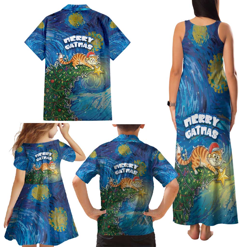 Merry Catmas Family Matching Tank Maxi Dress and Hawaiian Shirt Cat Hanging On Xmas Tree - Wonder Print Shop