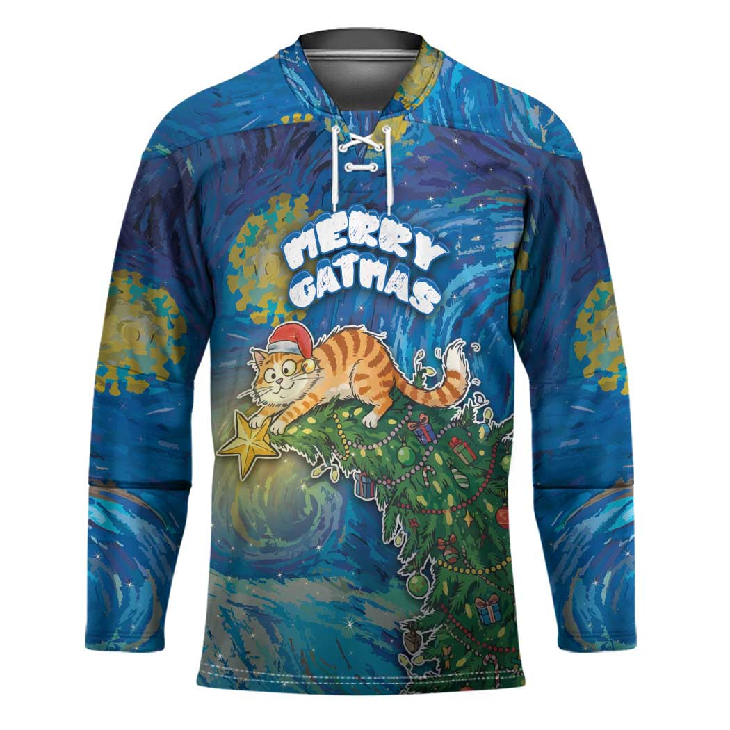Merry Catmas Hockey Jersey Cat Hanging On Xmas Tree - Wonder Print Shop
