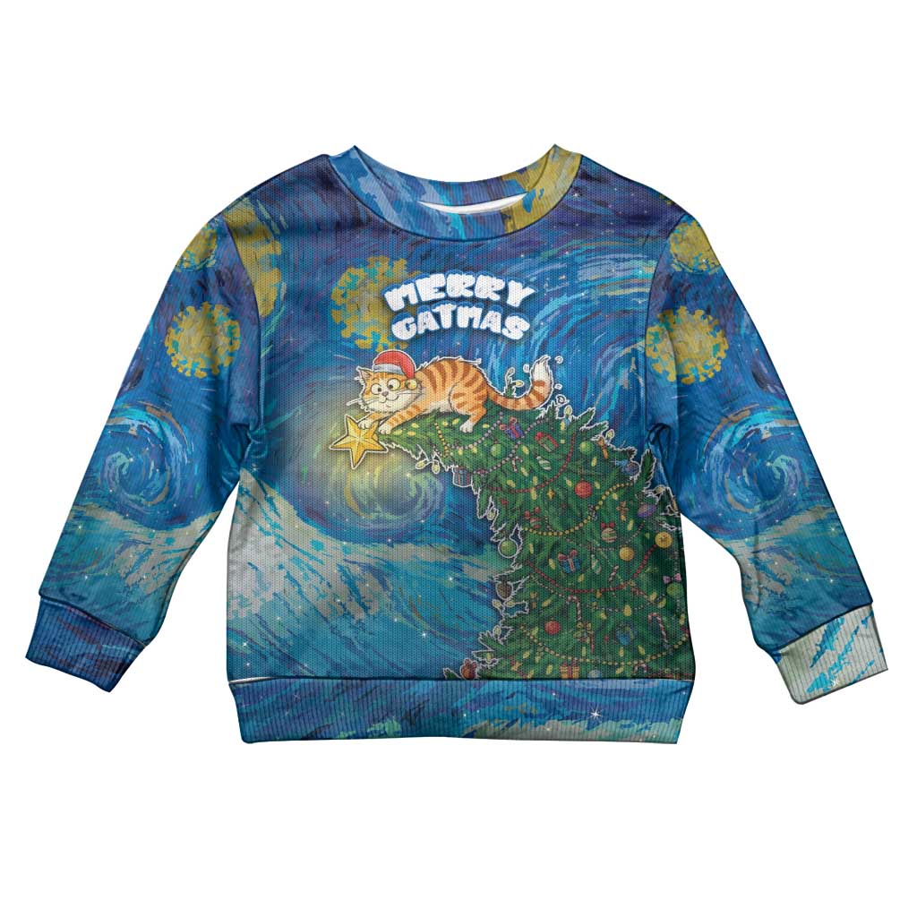 Merry Catmas Kid Ugly Christmas Sweater Cat Hanging On Xmas Tree - Wonder Print Shop