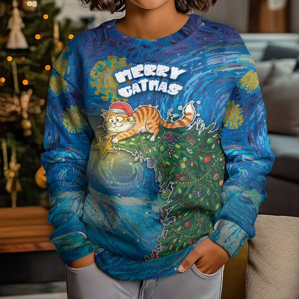 Merry Catmas Kid Ugly Christmas Sweater Cat Hanging On Xmas Tree - Wonder Print Shop