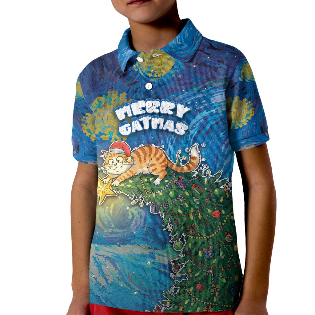 Merry Catmas Kid Polo Shirt Cat Hanging On Xmas Tree - Wonder Print Shop
