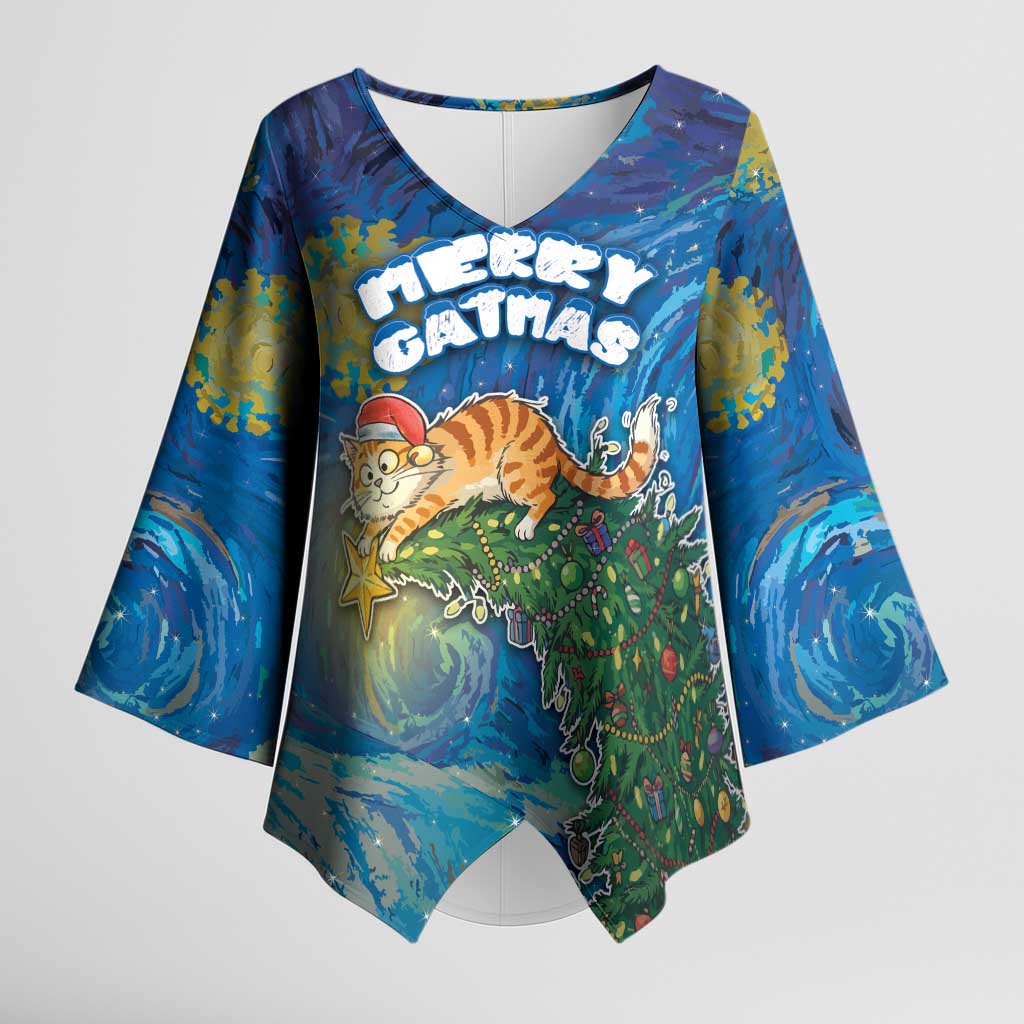 Merry Catmas Kimono Sleeve Blouse Cat Hanging On Xmas Tree - Wonder Print Shop