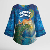 Merry Catmas Kimono Sleeve Blouse Cat Hanging On Xmas Tree - Wonder Print Shop