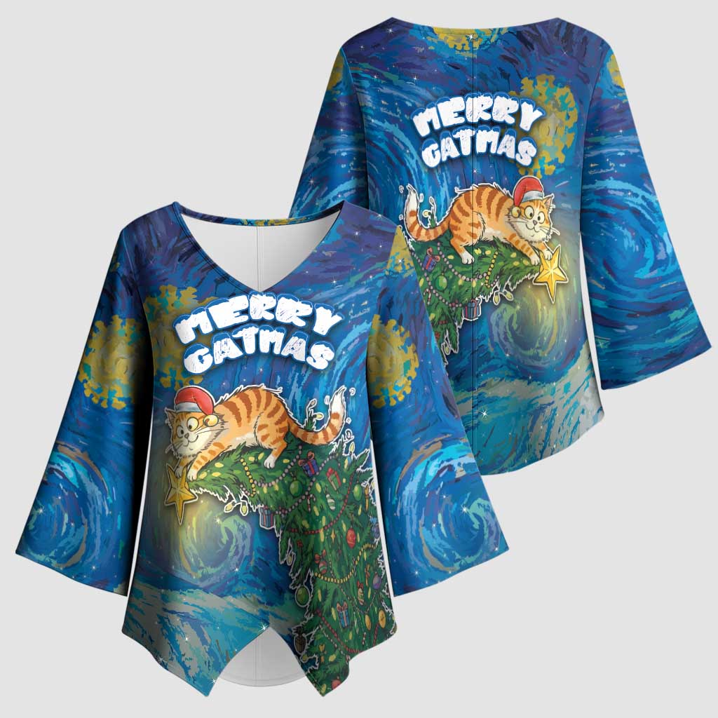 Merry Catmas Kimono Sleeve Blouse Cat Hanging On Xmas Tree - Wonder Print Shop