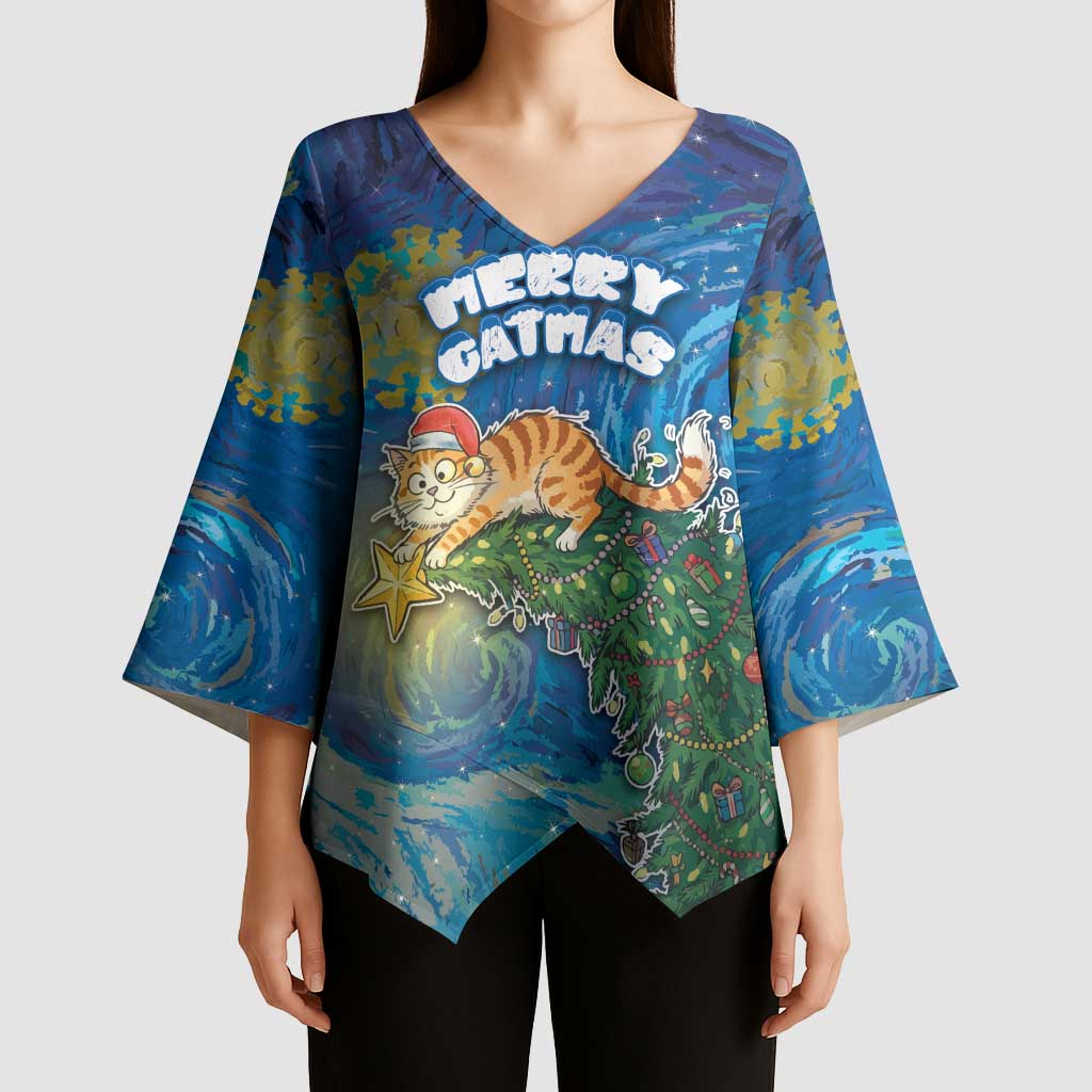 Merry Catmas Kimono Sleeve Blouse Cat Hanging On Xmas Tree - Wonder Print Shop