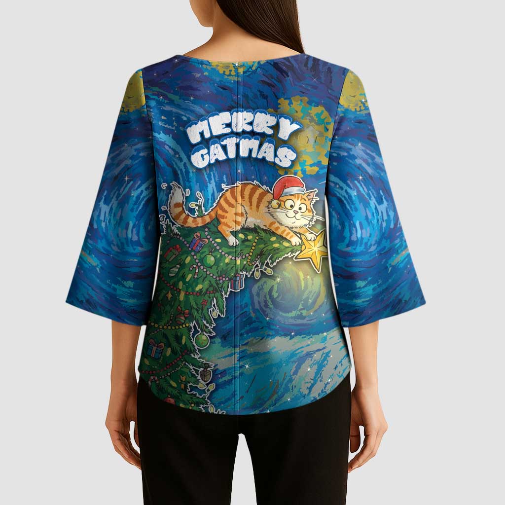 Merry Catmas Kimono Sleeve Blouse Cat Hanging On Xmas Tree - Wonder Print Shop