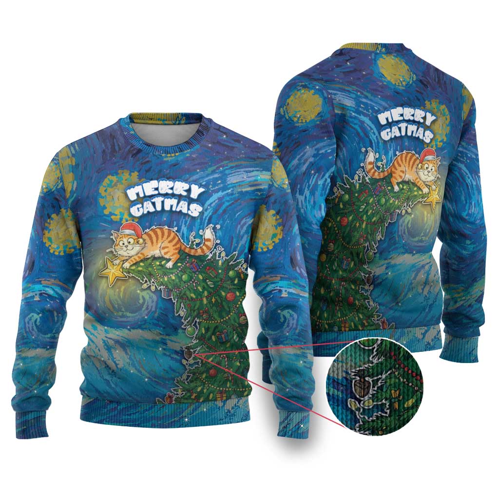 Merry Catmas Ugly Christmas Sweater Cat Hanging On Xmas Tree - Wonder Print Shop