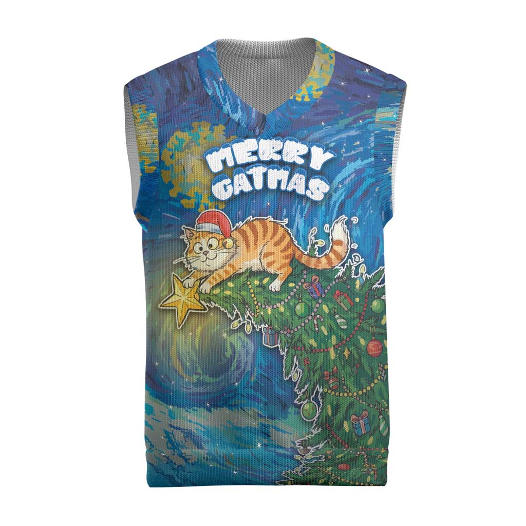 Merry Catmas Christmas Knitted V-Neck Vest Cat Hanging On Xmas Tree - Wonder Print Shop